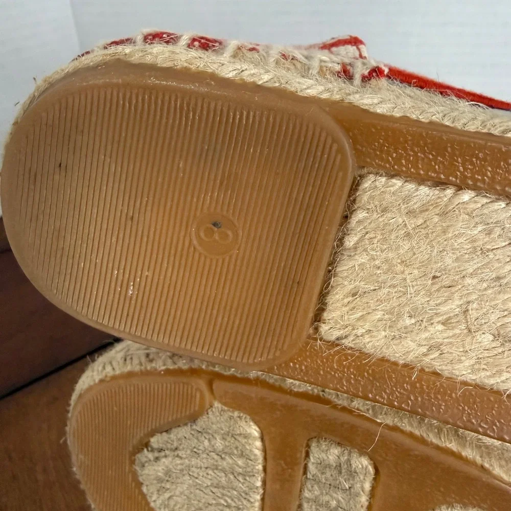 Tory Burch Red White Striped Canvas‎ Elastic Strap Espadrille Flats 8